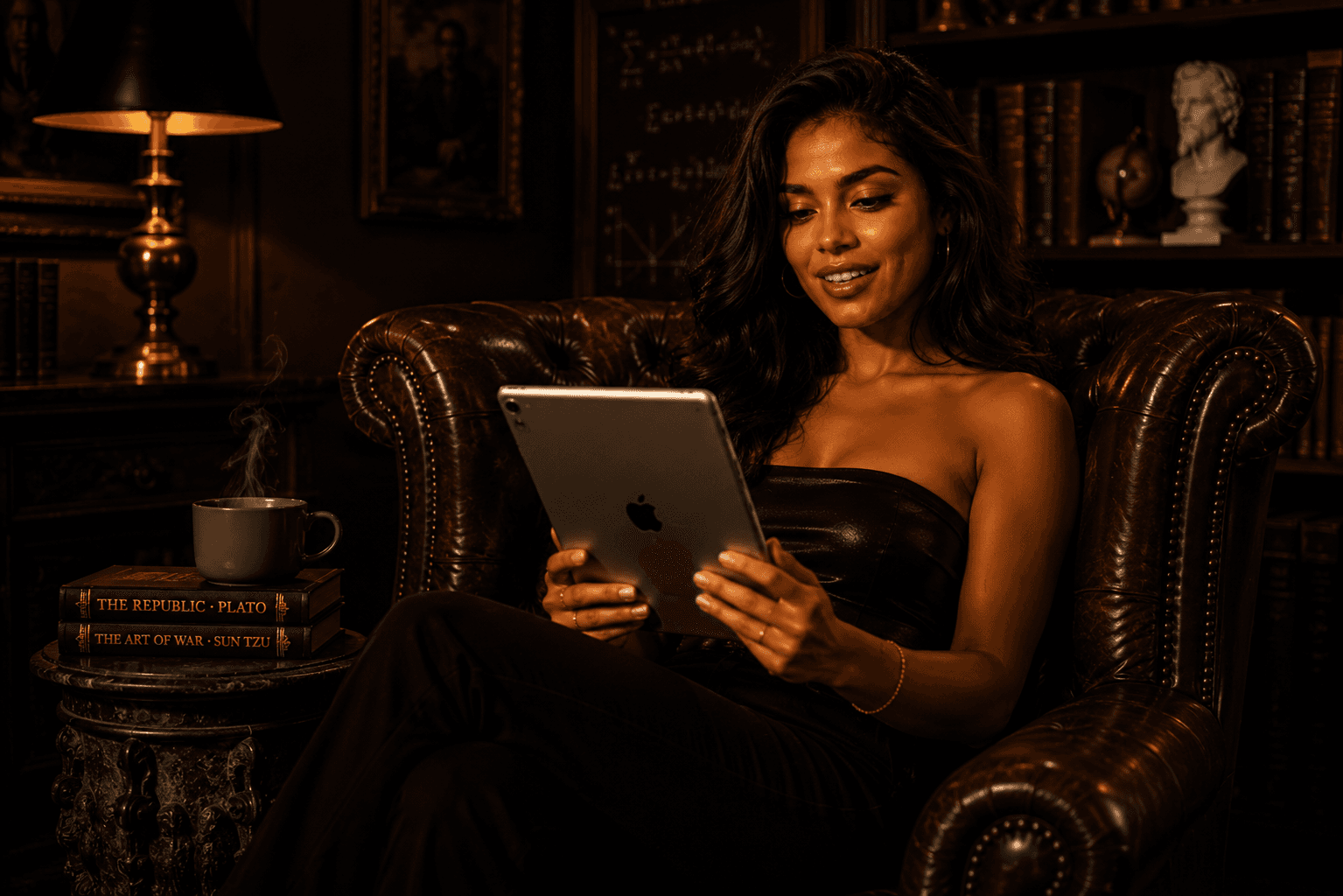 Mujer leyendo en una tablet en una acogedora biblioteca