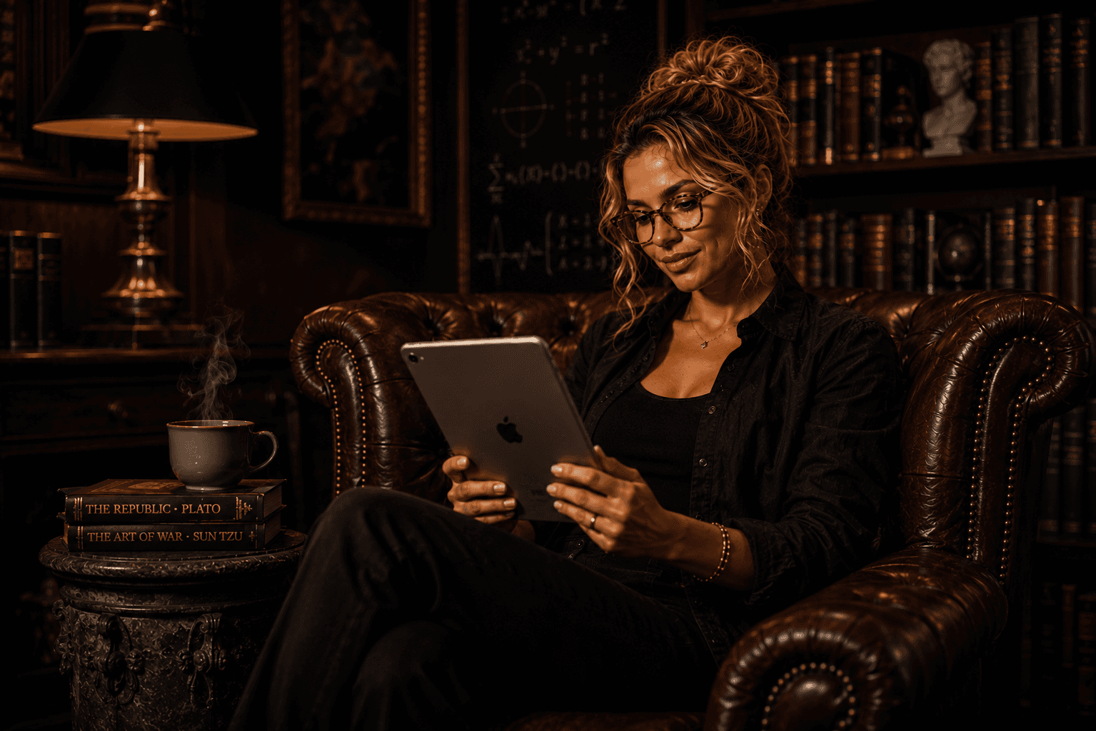 Woman reading on a tablet in a cozy library study