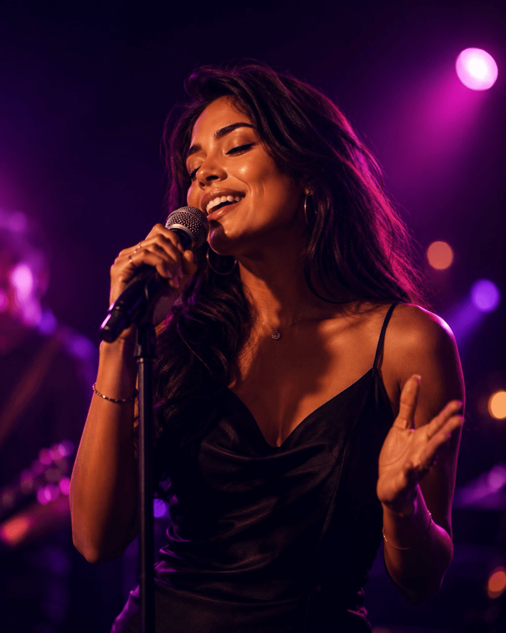 Cantante latina interpretando una canción con luces de escenario