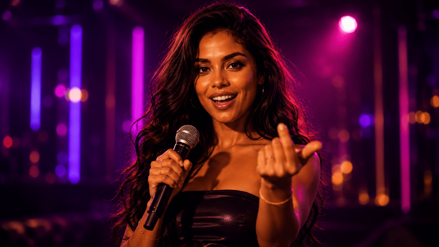 Cantante con un micrófono en un escenario de luces de neón, extendiendo la mano para invitar a alguien a unirse