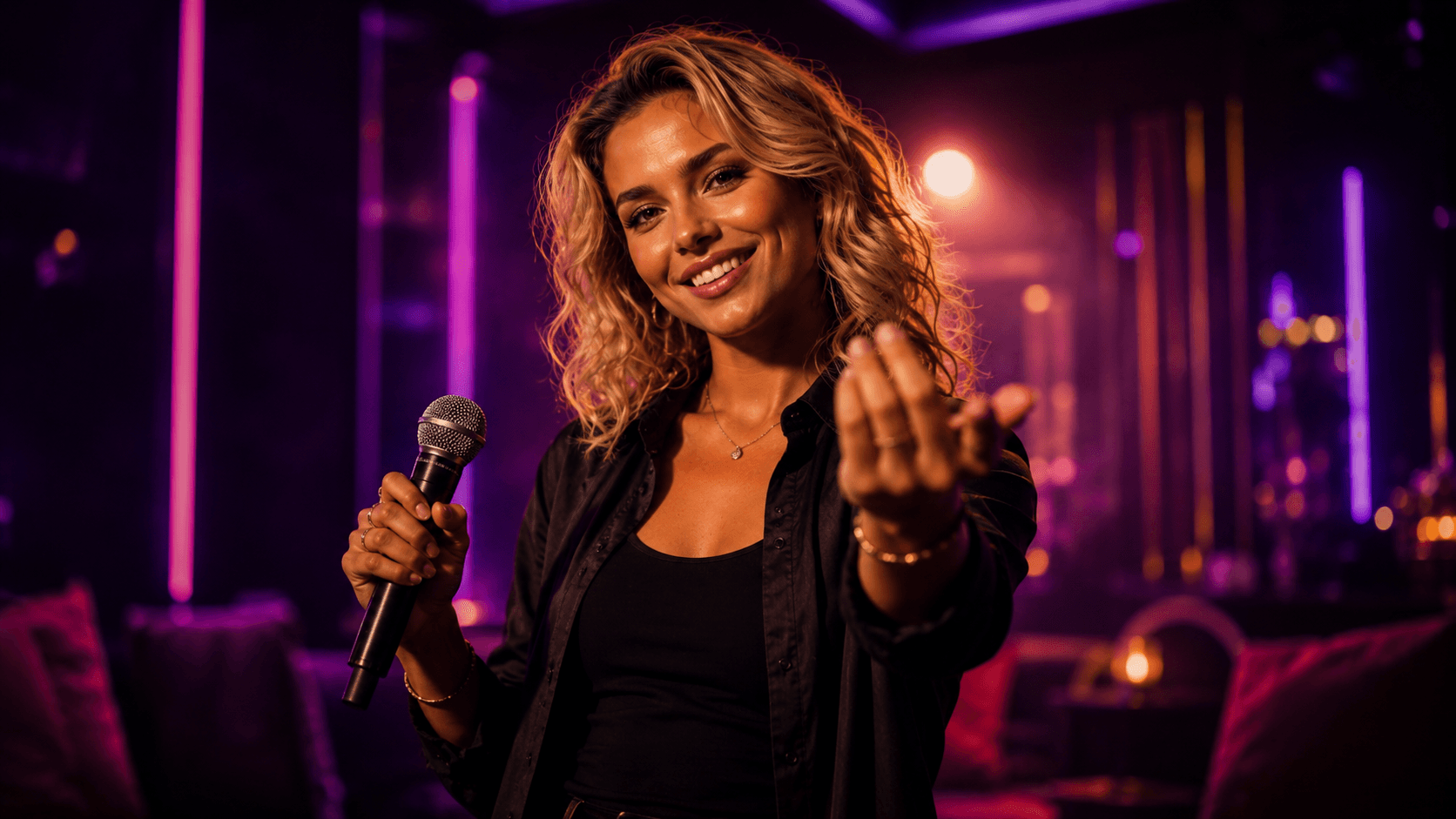 Singer holding a microphone on a neon-lit stage, reaching out to invite someone to join her