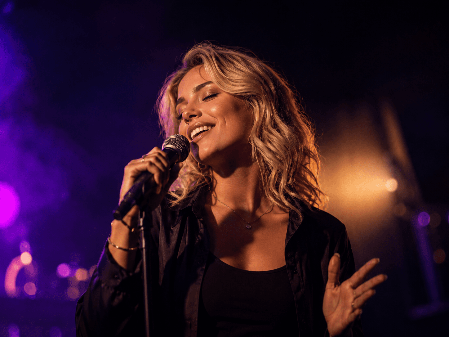Singer performing on a cinematic stage