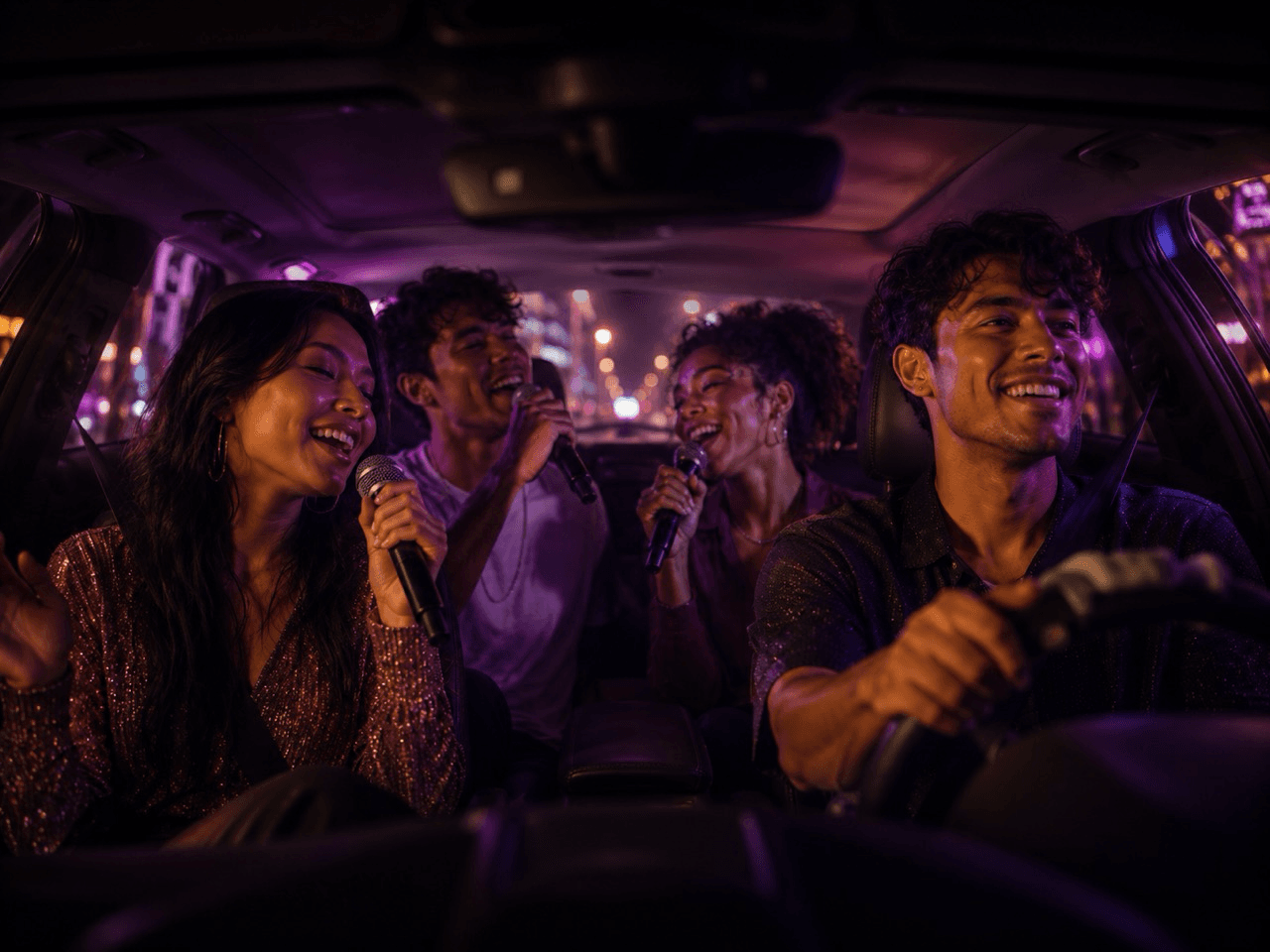 Amigos latinos cantando en un auto de noche con luces de ciudad