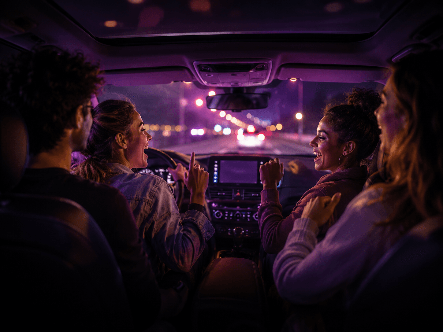 Friends singing in a car at night with city lights ahead